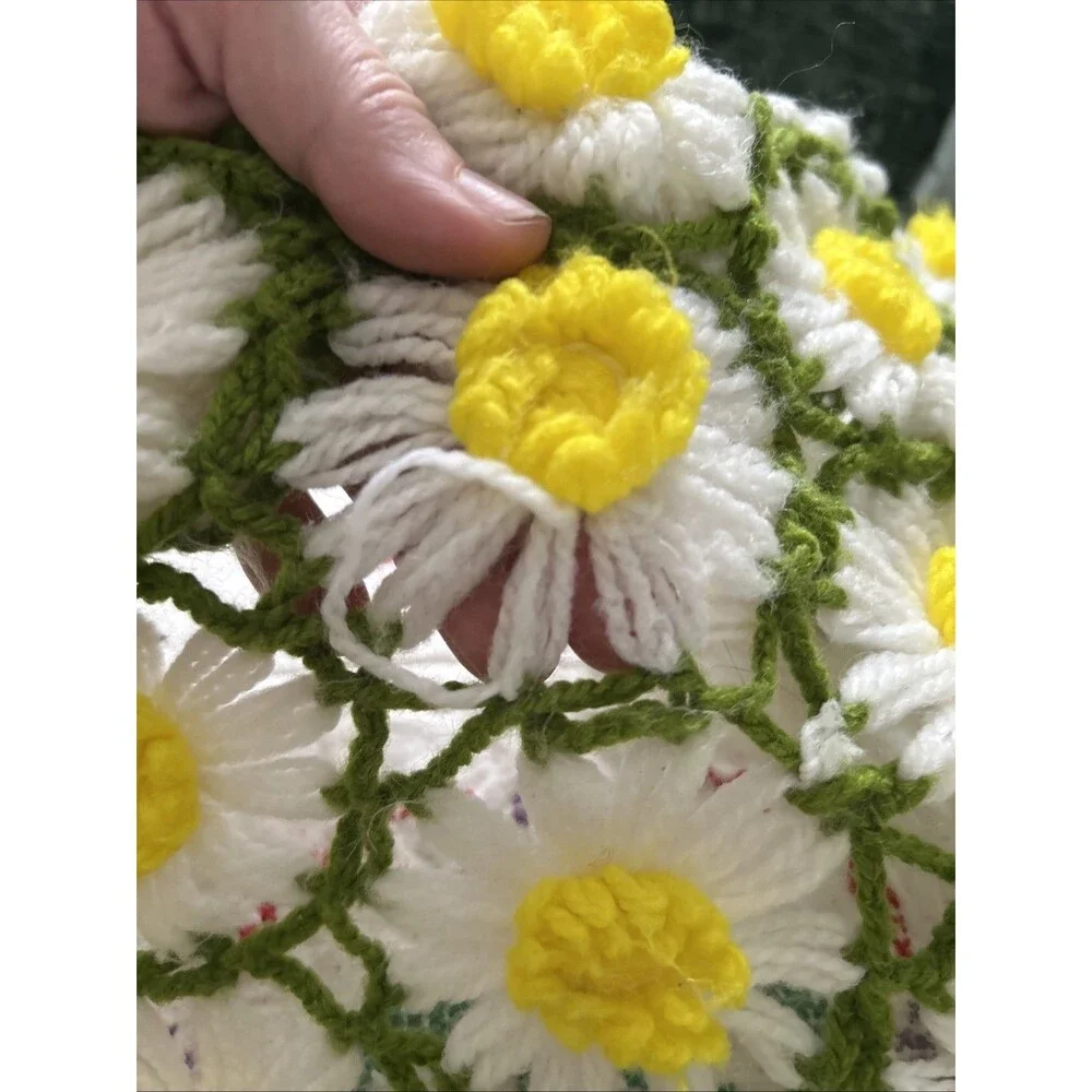 Vintage Handmade 3D Daisy Flowers Crochet Afghan 68” By 43” Cottage Shabby Chic